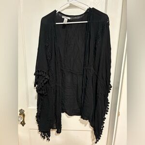 Beach Wear by Japna Black Open-Front Kimono with Pom Pom Trim Size S